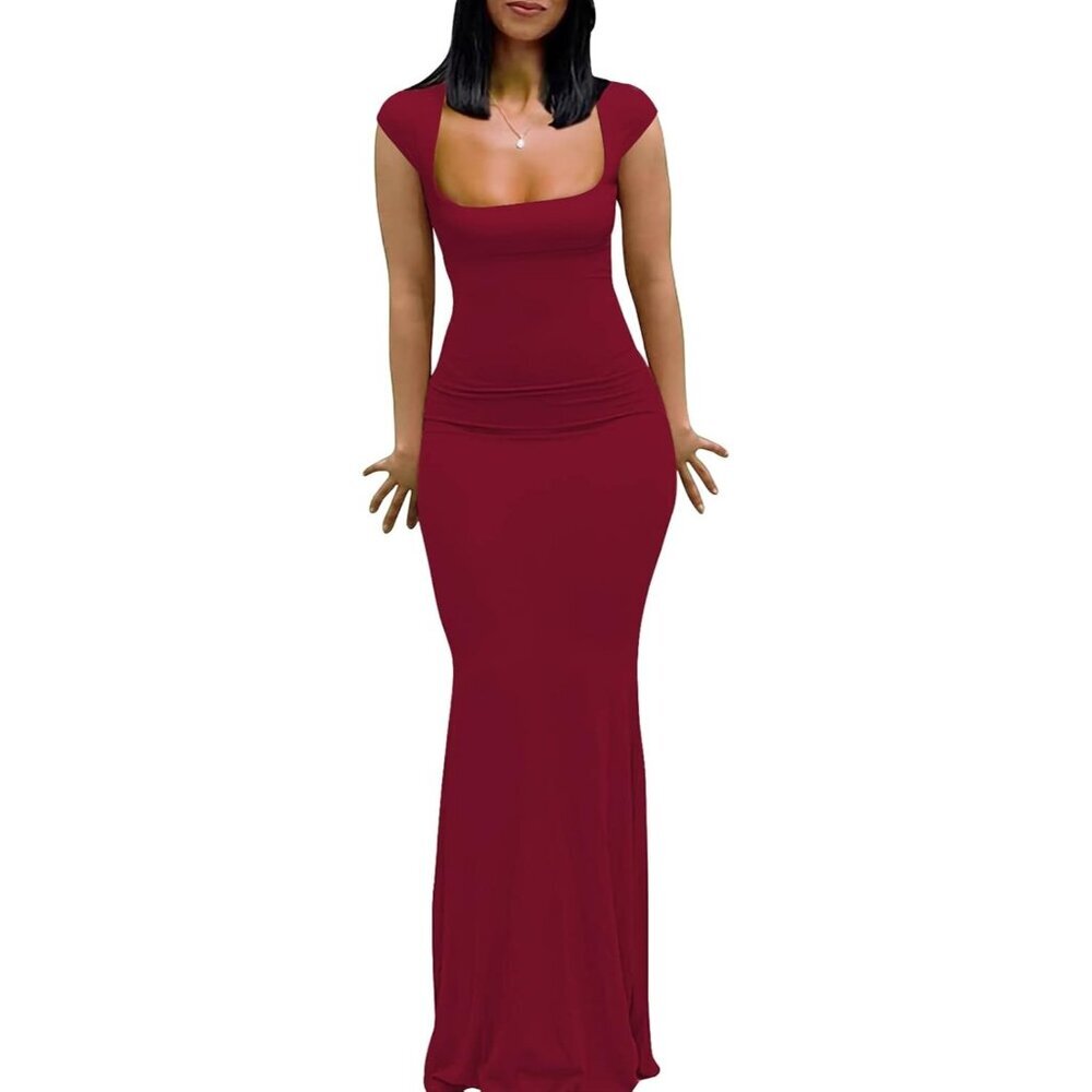 Women Burgundy Sleeve Square Neck Elegant Bodycon Evening Party Long Maxi Dress